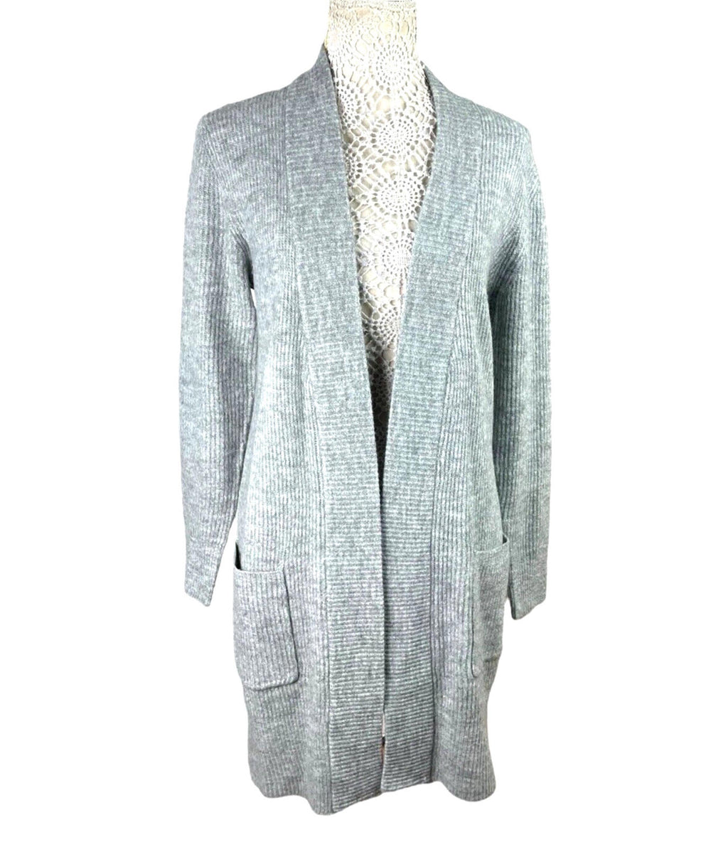 New Look Longline Knit Cardigan Women's UK Size S Grey Ribbed Open Front Pockets