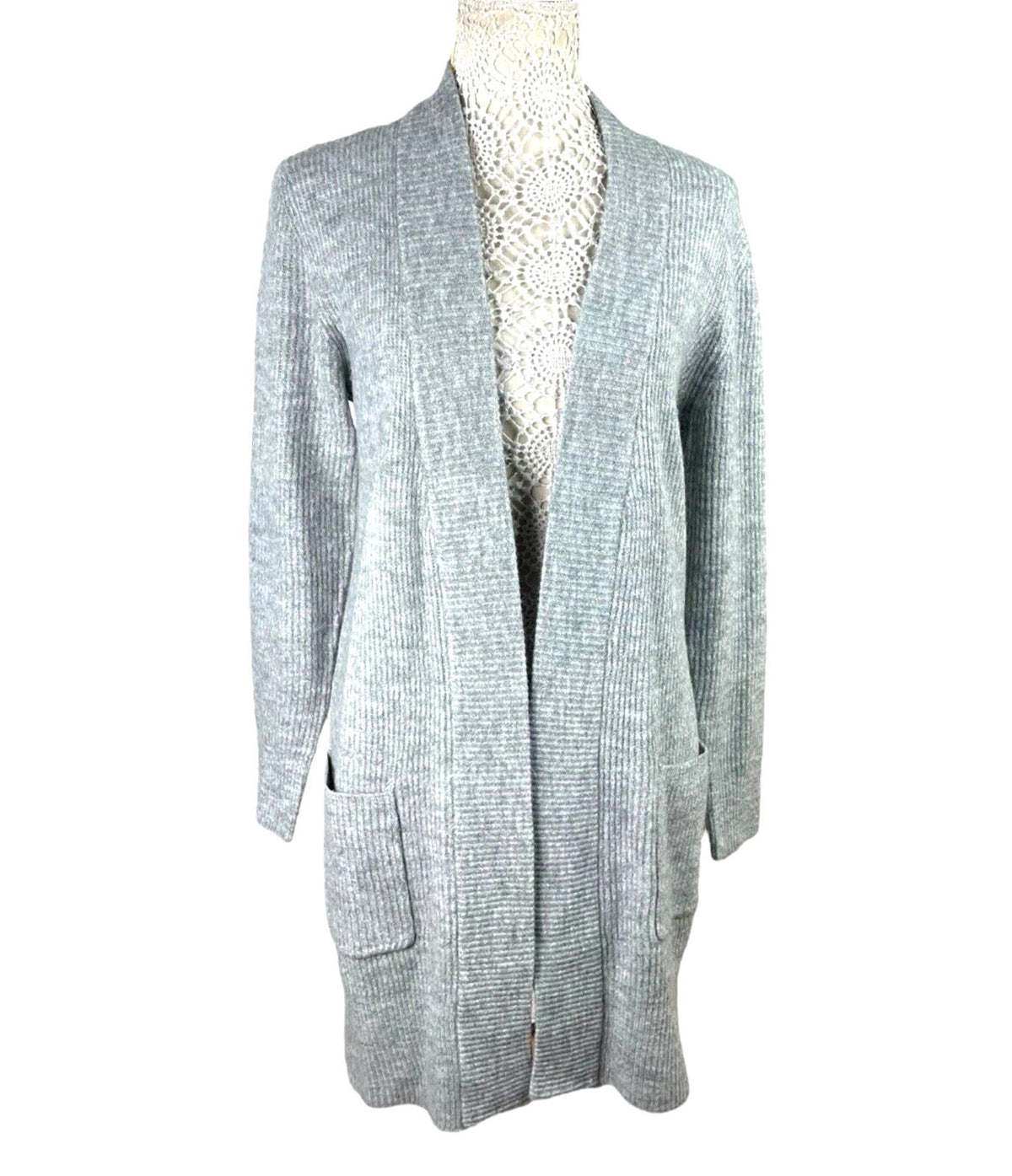 New Look Longline Knit Cardigan Women's UK Size S Grey Ribbed Open Front Pockets
