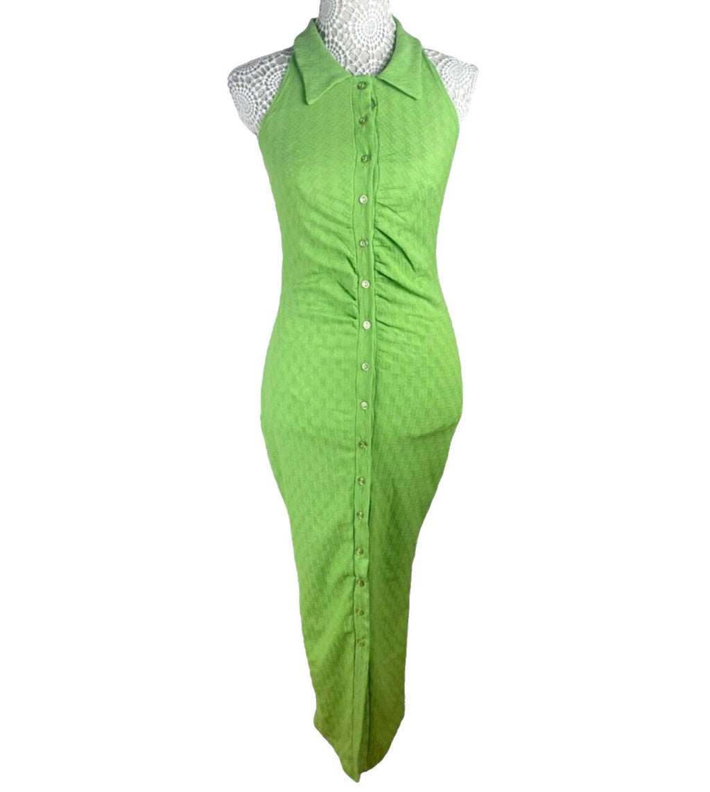 Button Front Dress Green Sleeveless Green Textured Fabric Women's UK Size 8