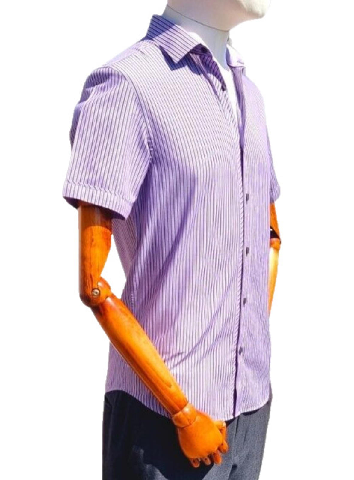 Jeff Banks Mens Shirt Small Purple White Stripe Short Sleeve Cotton Casual Smart