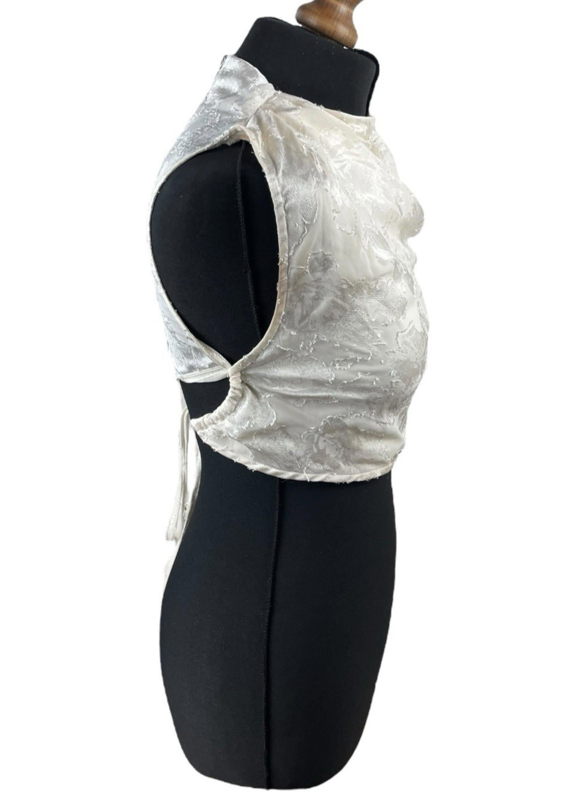 Pretty Little Thing Cream Satin Crop Top High Neck Tie Back Women's UK Size 8