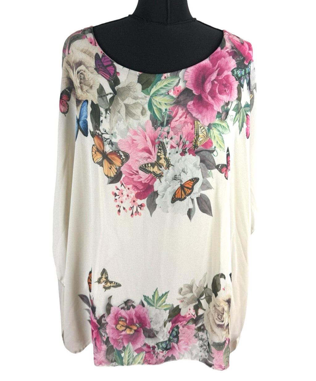 Floral Smock Blouse Top Women's UK Size L Chiffon Relaxed Fit Lined Floral Beige