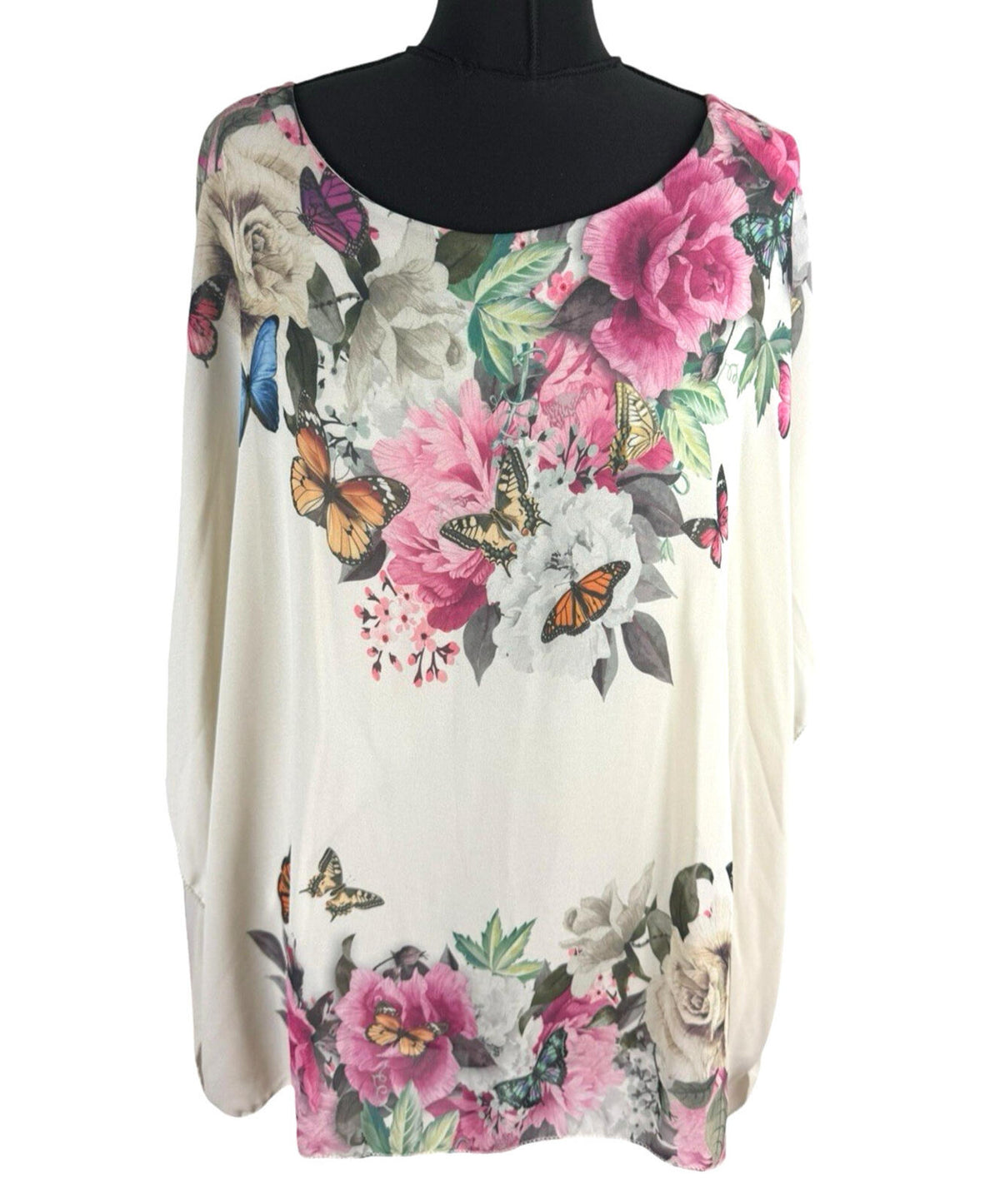Floral Smock Blouse Top Women's UK Size L Chiffon Relaxed Fit Lined Floral Beige