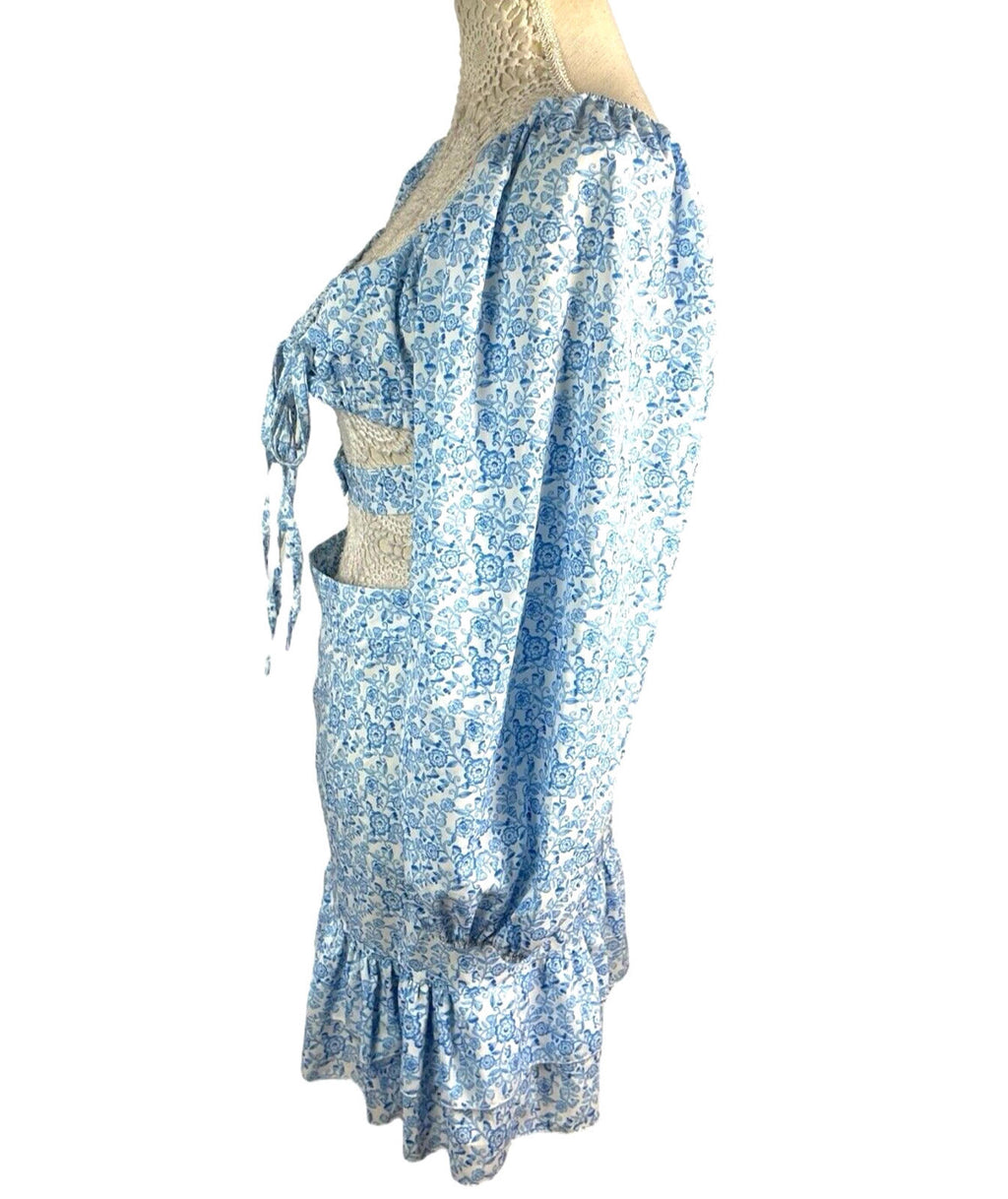Boohoo Floral Skirt Co-Ord Set High Waist Blue & White Women's UK Size 10