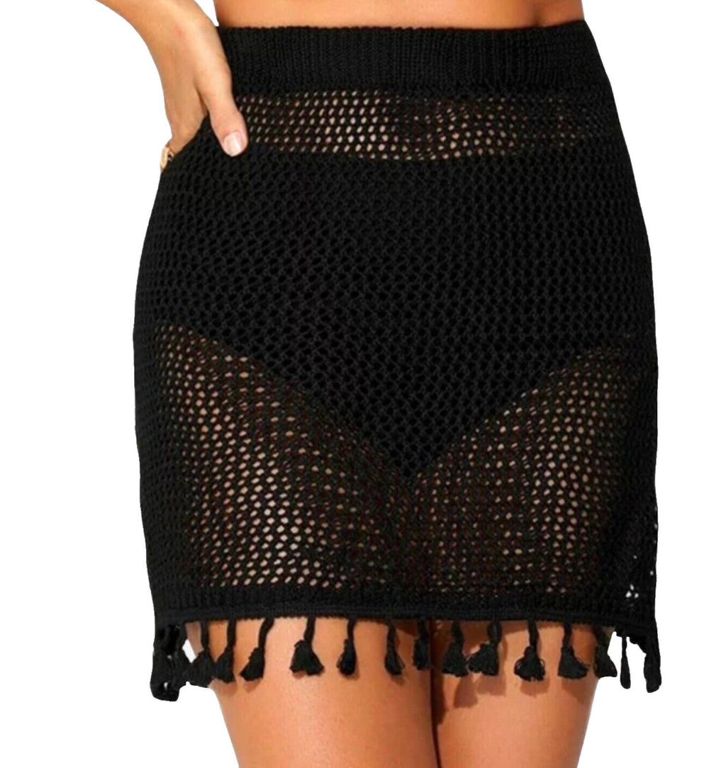 Black Mesh Crochet Beach Cover Up Mini Skirt Summer Holiday Women's UK Size XL