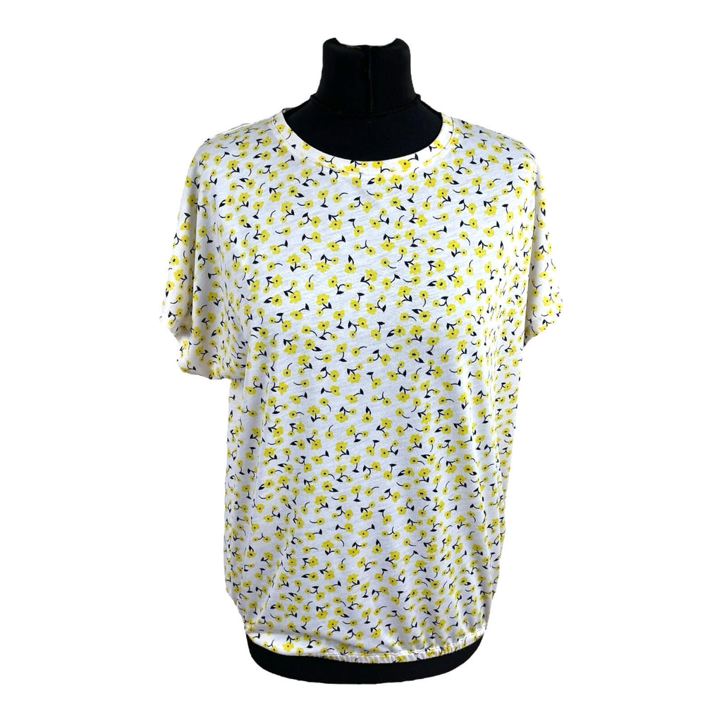 Marks & Spencer White Yellow Floral T-Shirt Blouse Women's UK Size 14 Crew Neck