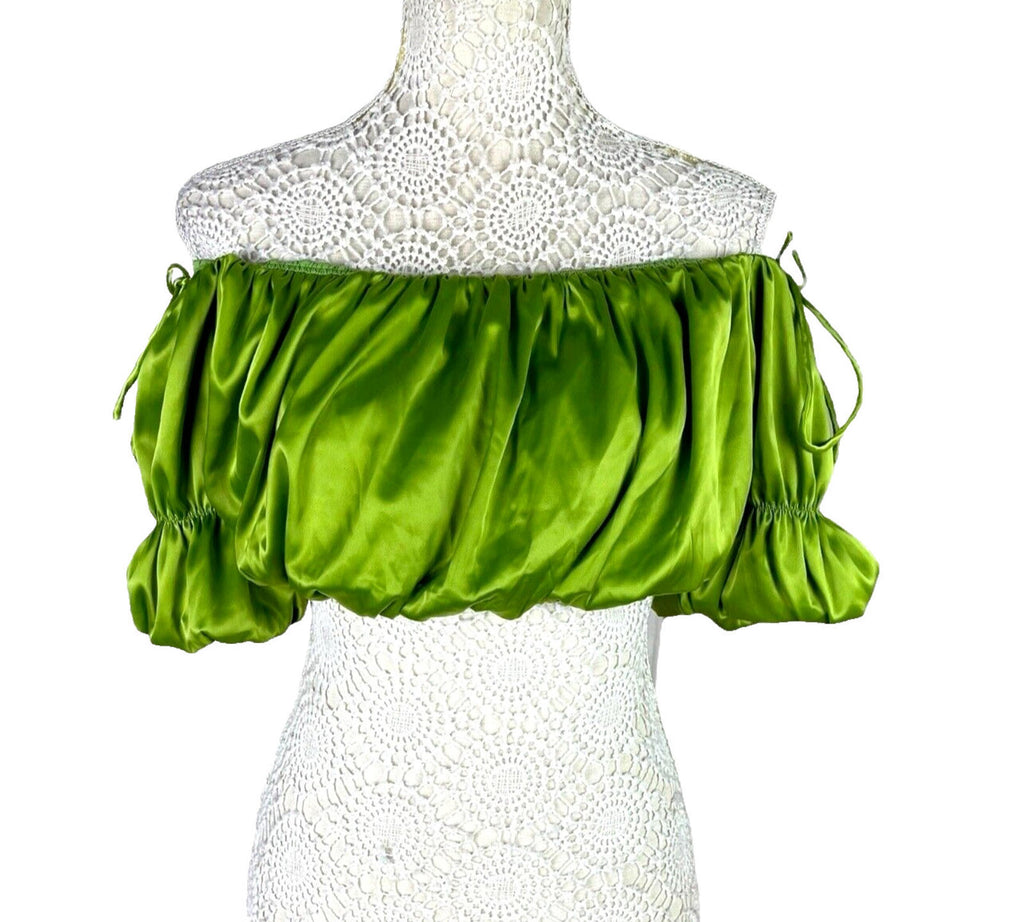 Pretty Little Thing Ruffle Satin Crop Top Green Off Shoulder Women's UK Size 8