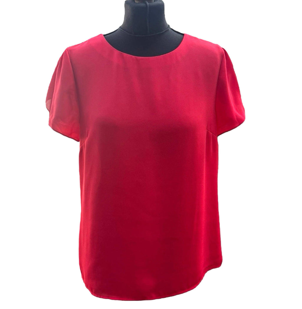 Oasis Bright Red Chiffon Top Short Frill Sleeve Round Neck Women's UK Size 12