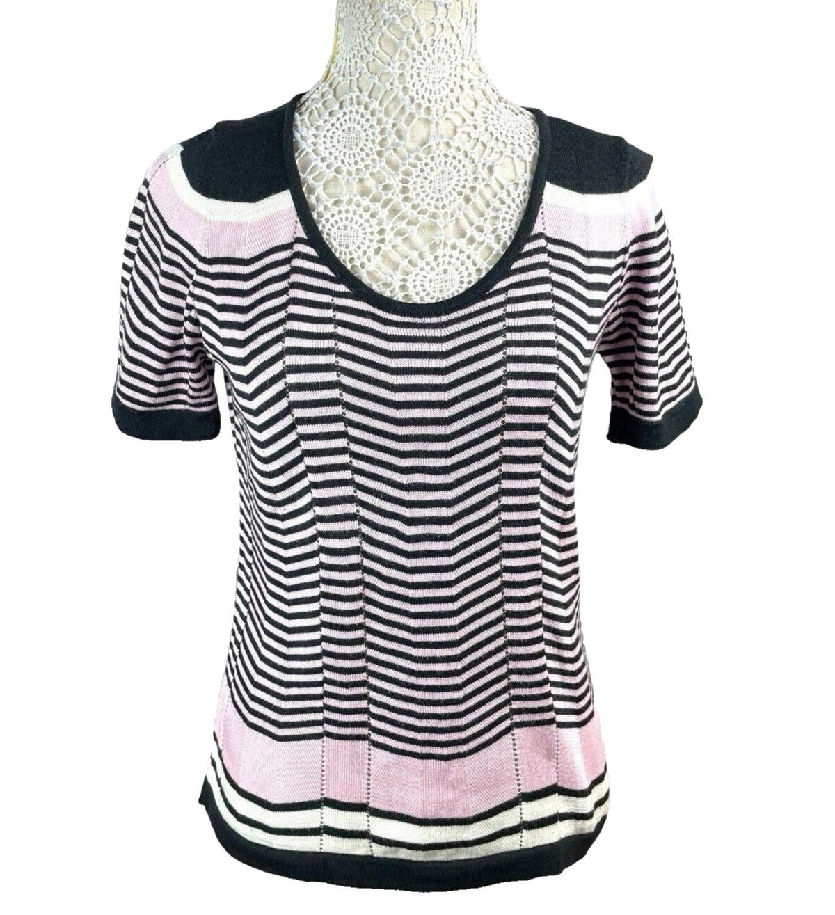 BHS Pink BHS Knit T-Shirt Blouse Top Women's UK Size 14 Chevron Pattern Scoop Neck Trim