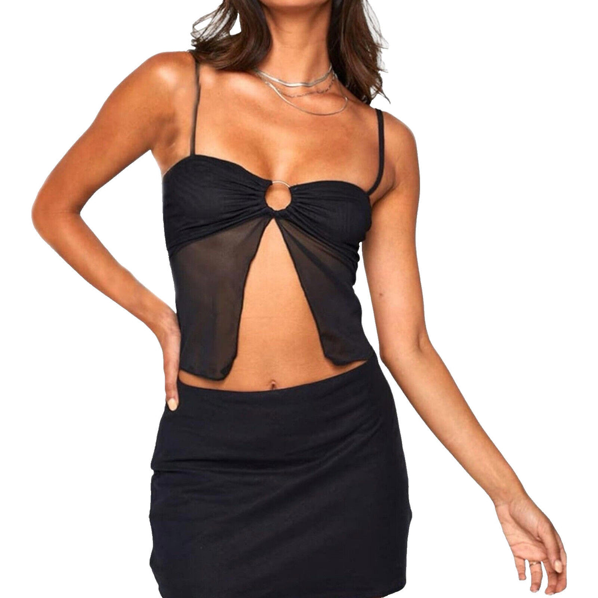 Atxyxta Black Sheer Camisole Top Gold D Ring Women's UK Size S