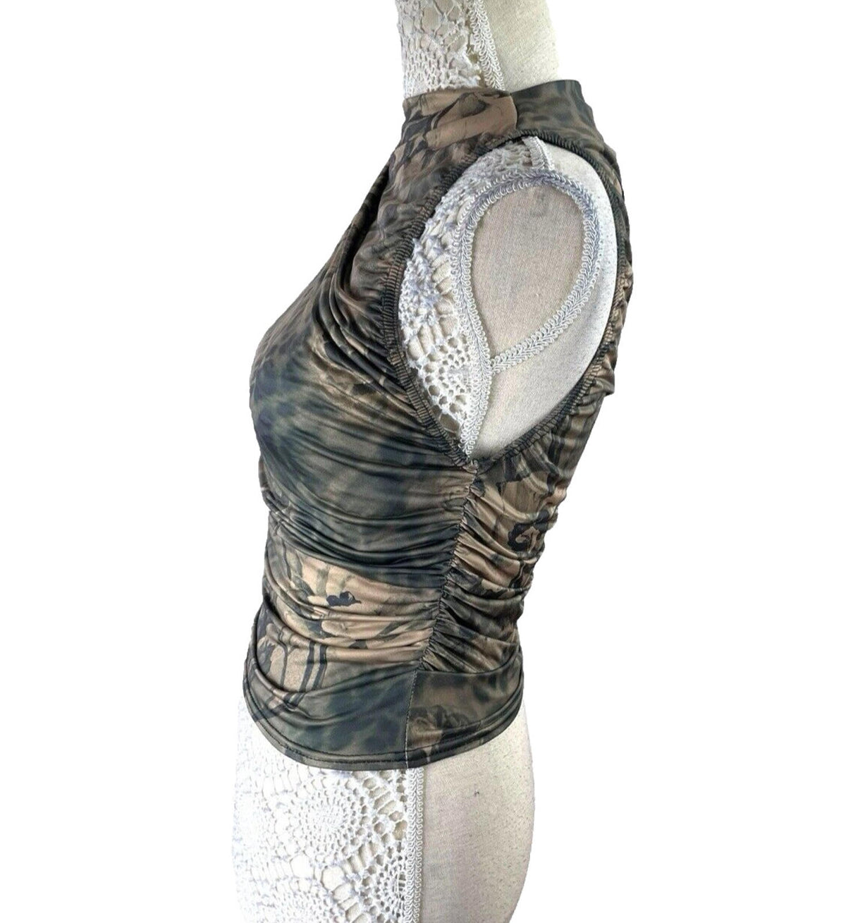 Pretty Little Thing Khaki Satin Tank Top High Neck Stretch Women's UK Size 8