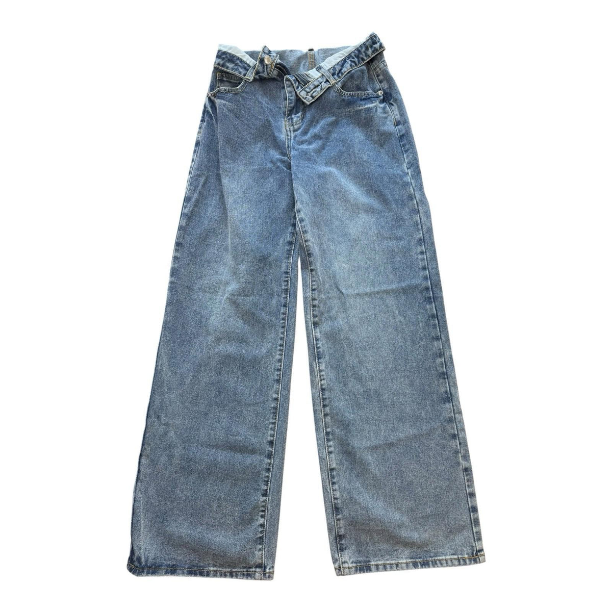 Pretty Little Thing Blue Pretty Little Thing Jeans Fold Over Front Mid Rise Wide Leg Women's UK Size 10