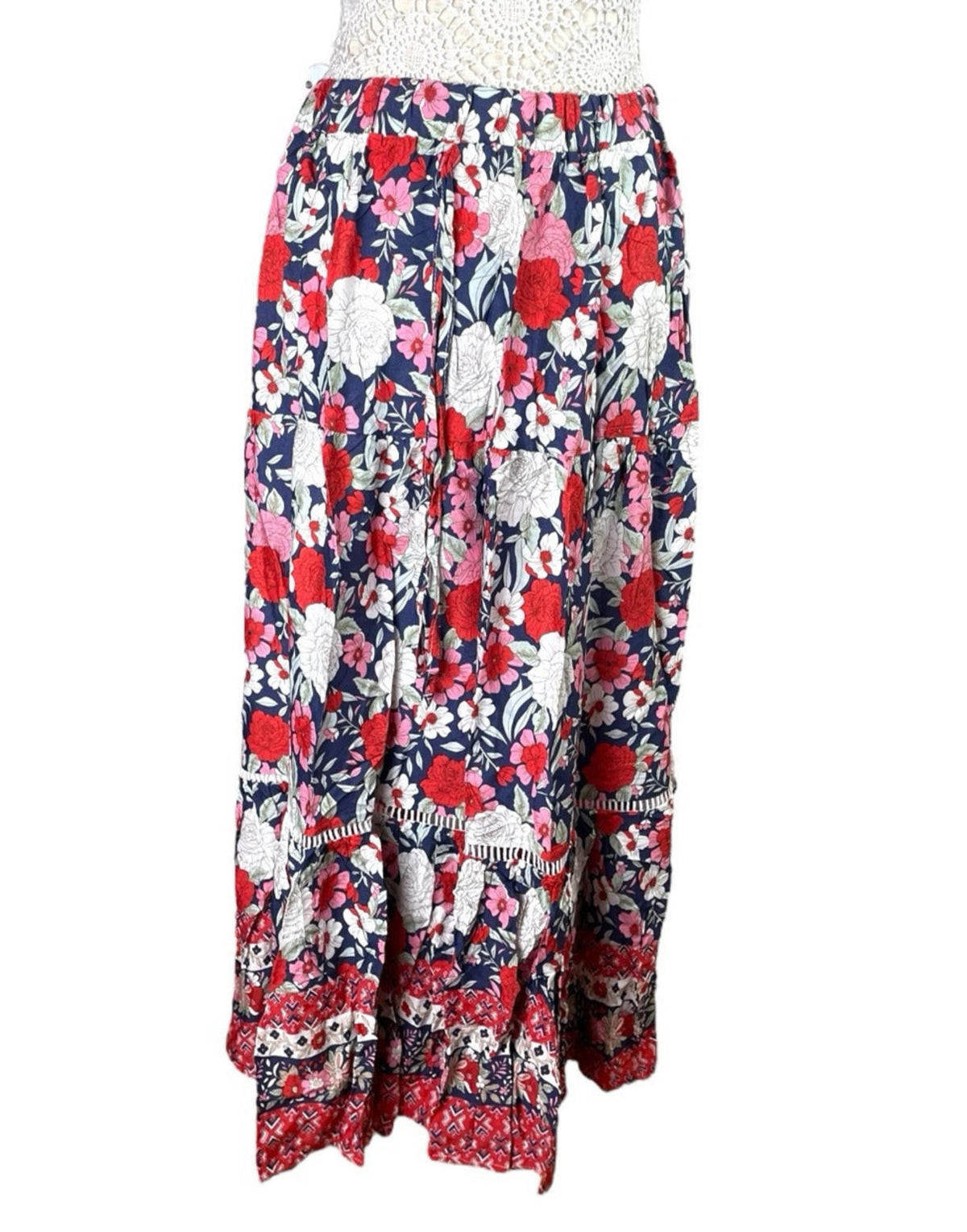 Bohemian Floral Swing Skirt Midi High Waist Women's UK Size L (12)