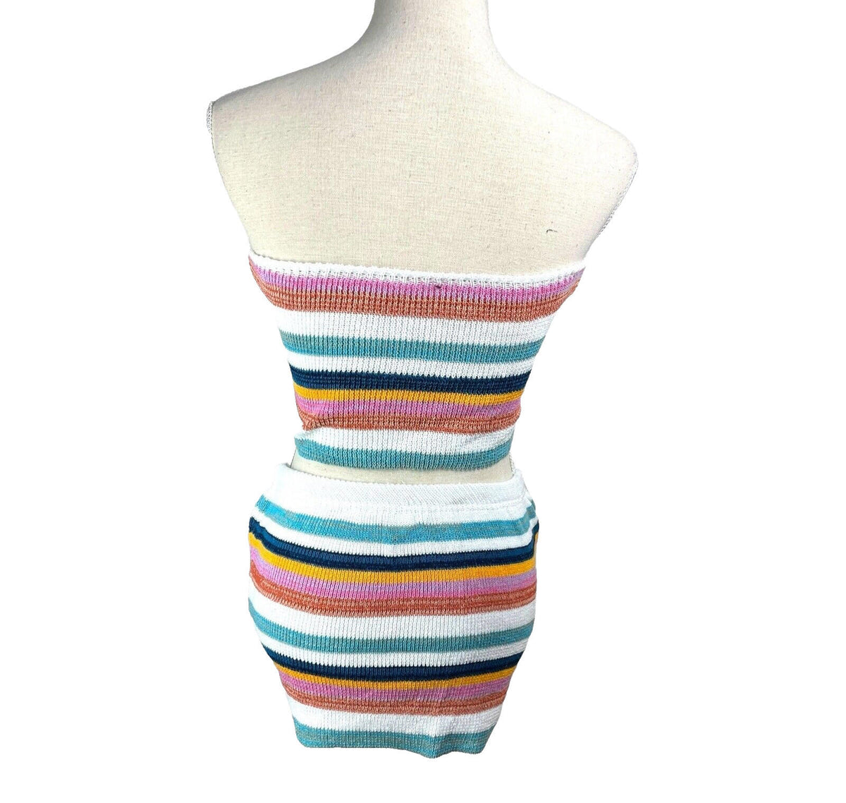 Multicolour Stripe Knit Two-Piece Set Women's UK Size 8 Bandeau Crop Top & Skirt