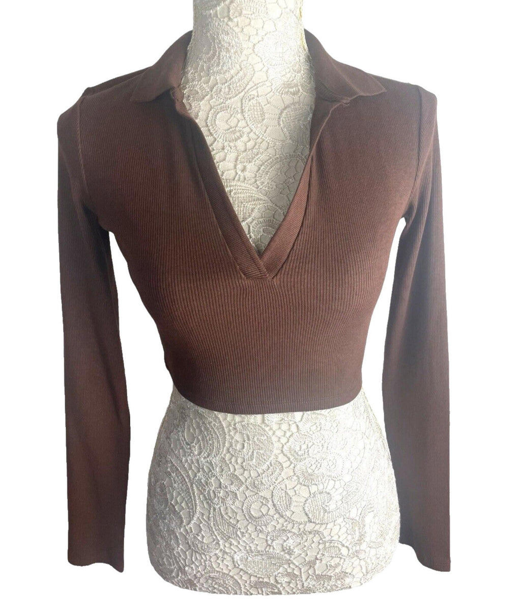 ZARA Brown Zara Crop Top Ribbed Collared Women's UK Size XS