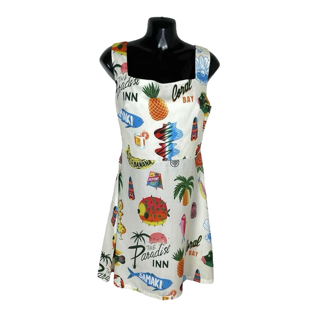 Comense White Comense Retro Summer Dress Women's UK Size M Lace Up Back Mini Multicolour Print