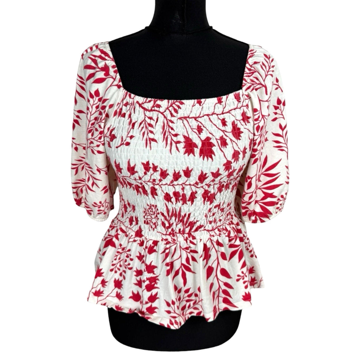 Peacocks Peplum Frill Top Women's UK Size 10 Square Neck Bell Sleeve White Red