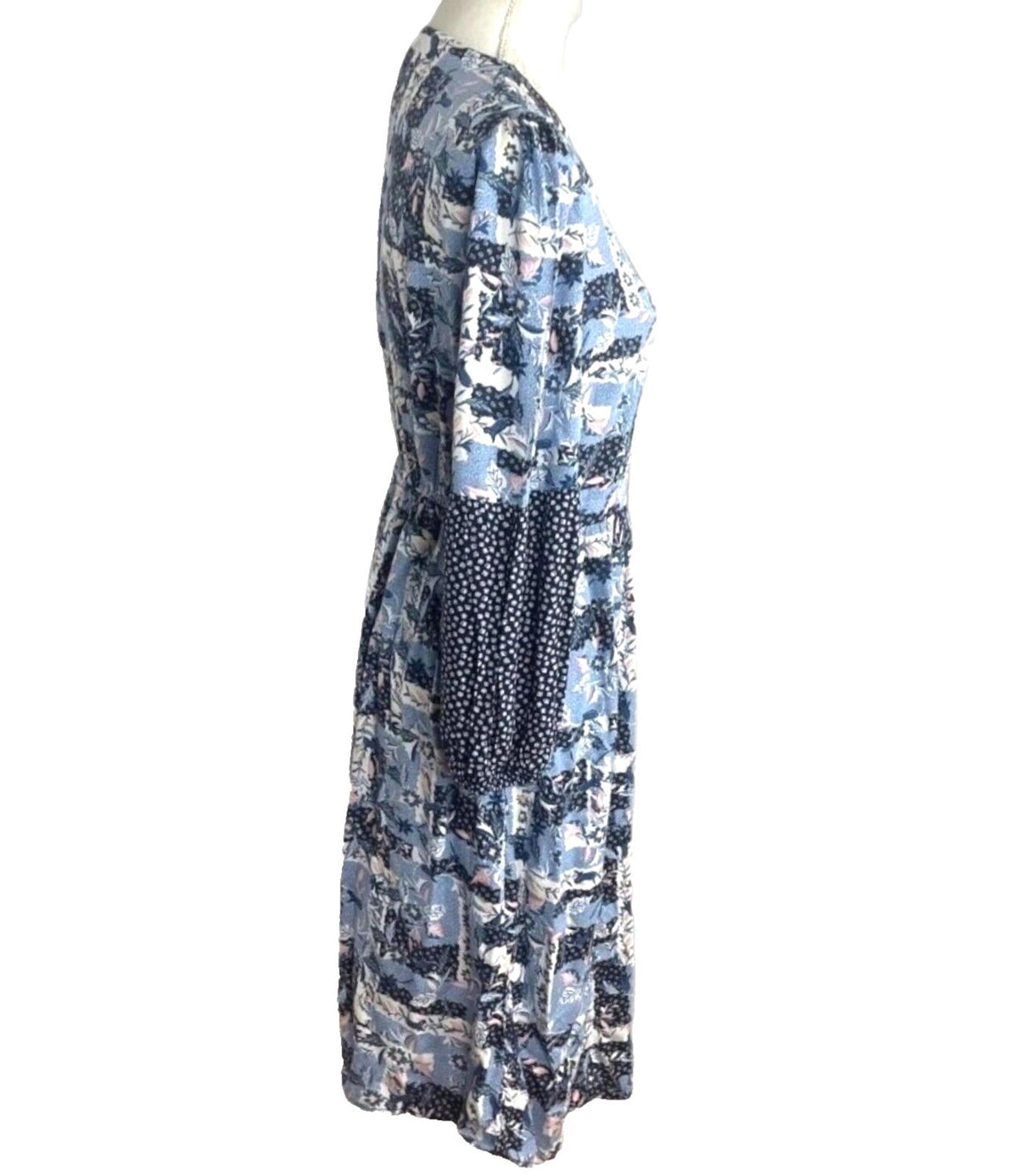 TU Floral Print Midi Dress Women's UK Size 10 Blue Long Bell Sleeve V-Neckline