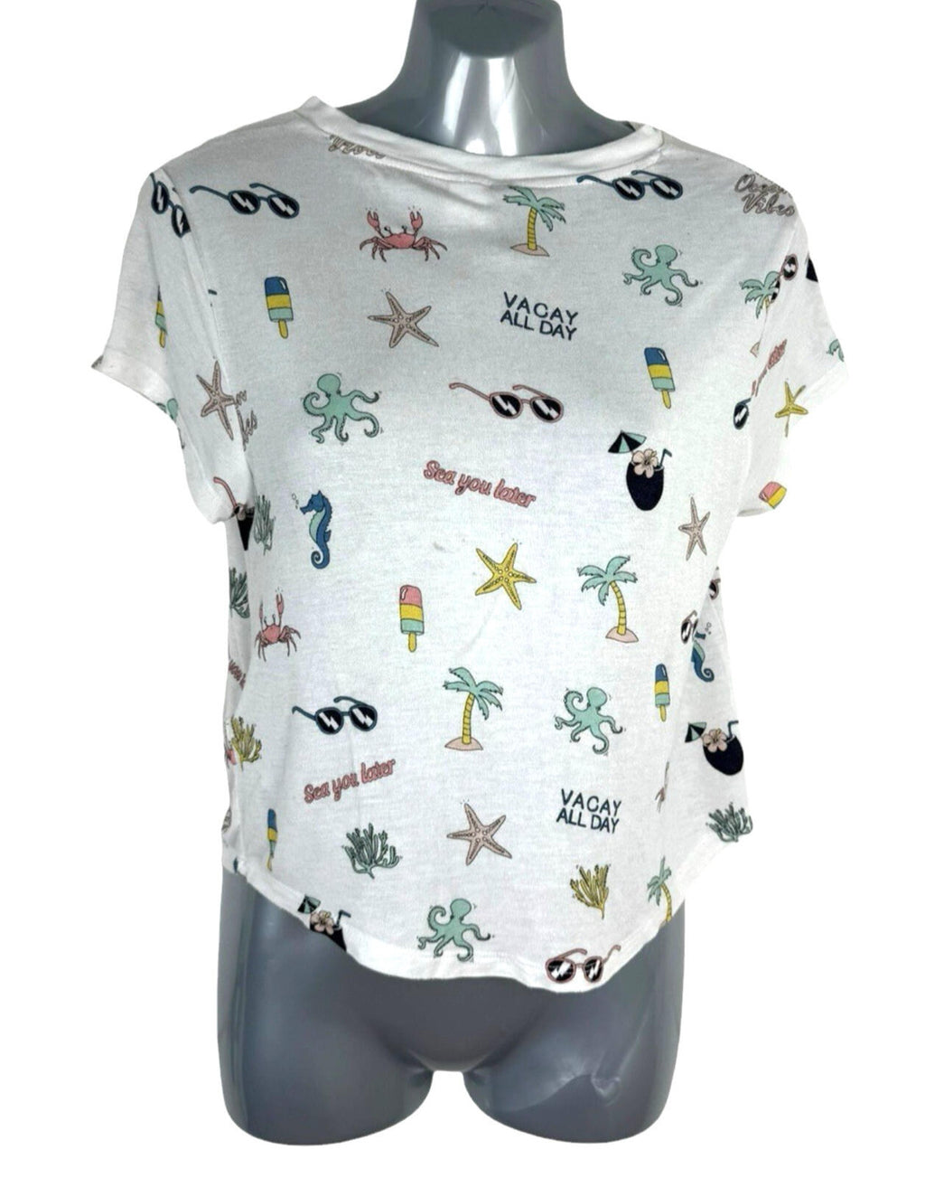 Divided Printed T-Shirt Crop Top Women's UK Size S Short Sleeve Holiday Print