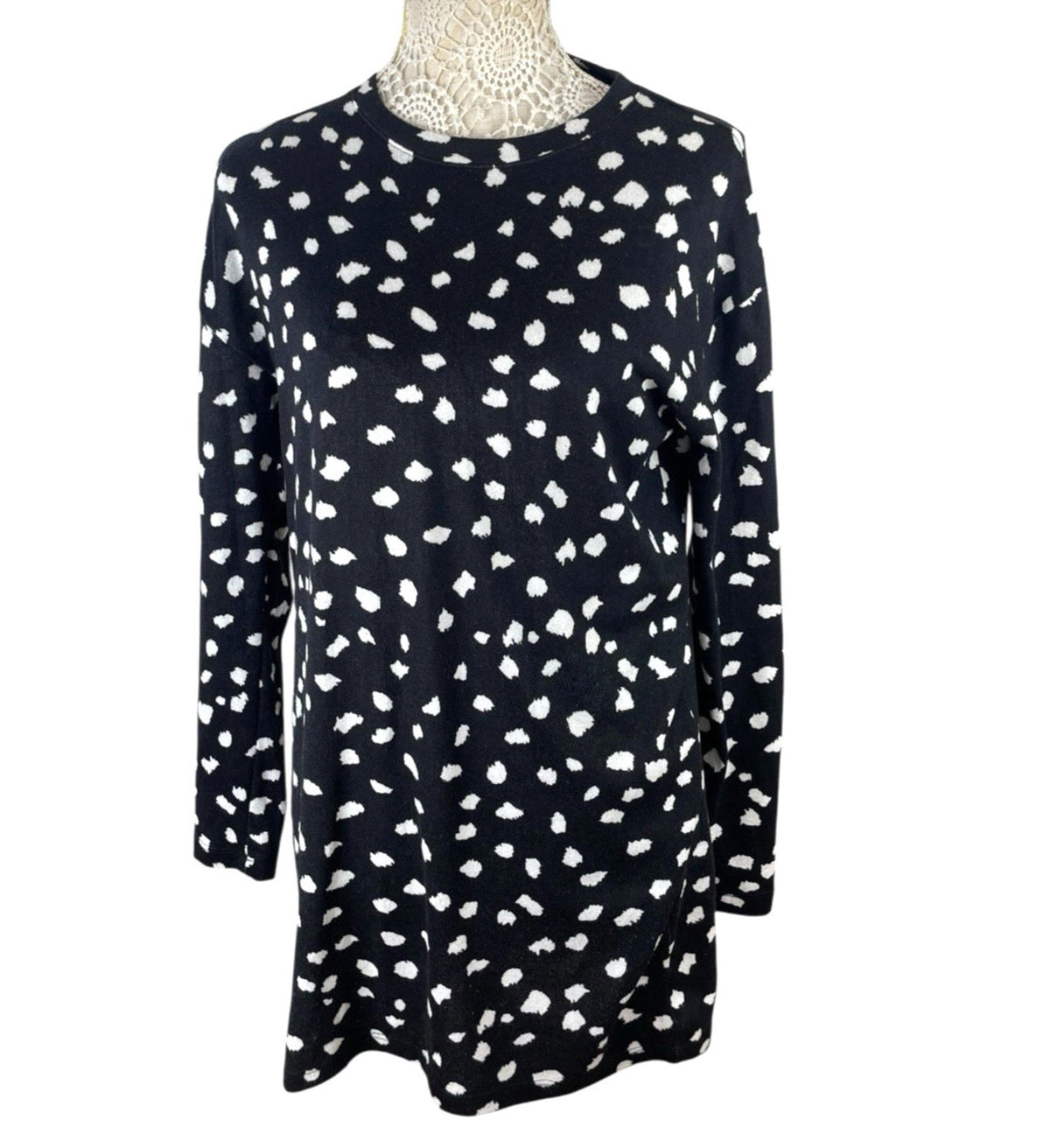 Black Spotted Knit Jumper Blouse Long Sleeve Women’s UK Size L Crew Neck