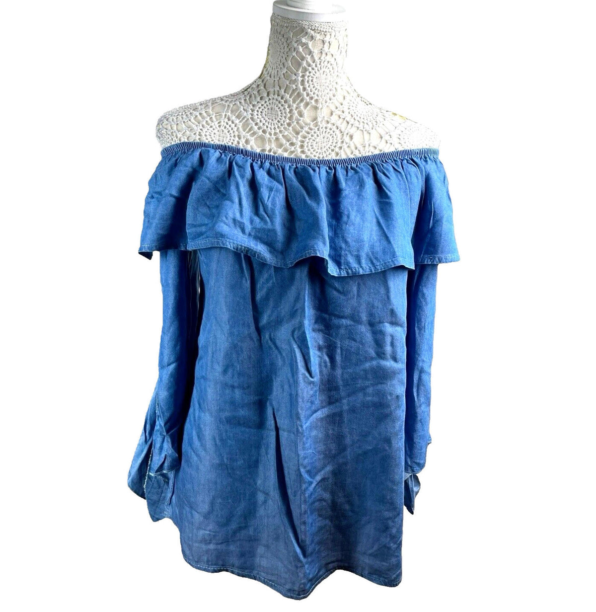 Quiz Off-Shoulder Blouse Women's UK Size M-L Blue Denim Style Ruffle Long Sleeve