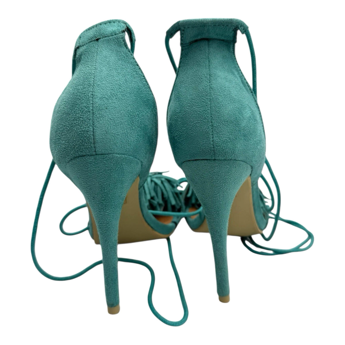 No Doubt DarkGreen No Doubt Strap Up Stiletto Shoes Women's UK Size 4 Open Tasseled Toe Green Suede