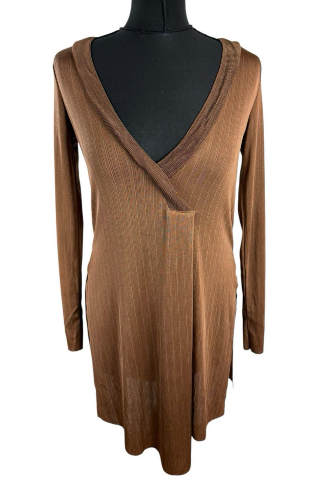 ZARA Brown Zara Long Sleeve Tunic Top Women's UK Size S Side Slit Brown Fine Stripe V-Neck