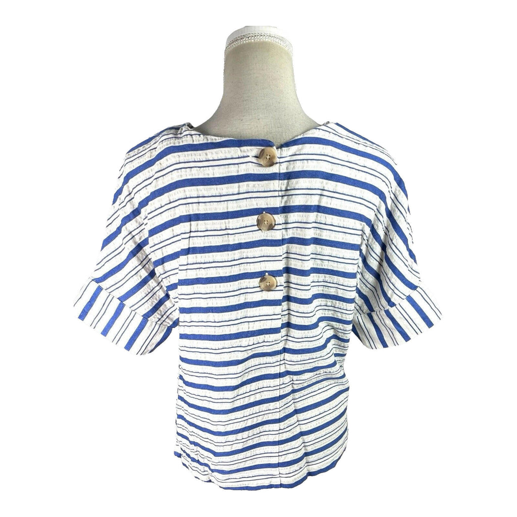 Per Una White Marks & Spencer Stripe T-Shirt Top Women's UK Size 10 Short Sleeve Linen Blend