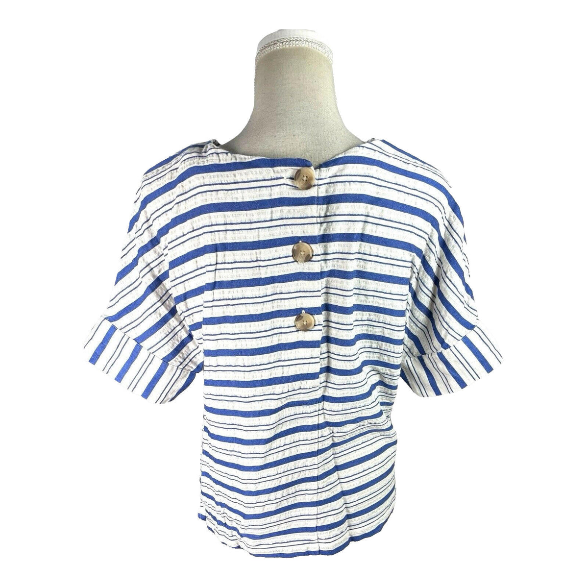 Per Una White Marks & Spencer Stripe T-Shirt Top Women's UK Size 10 Short Sleeve Linen Blend