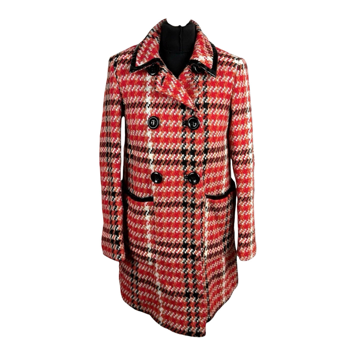 Topshop Red Check Overcoat Women's UK Size 8 Collared Pockets Lined Button Up