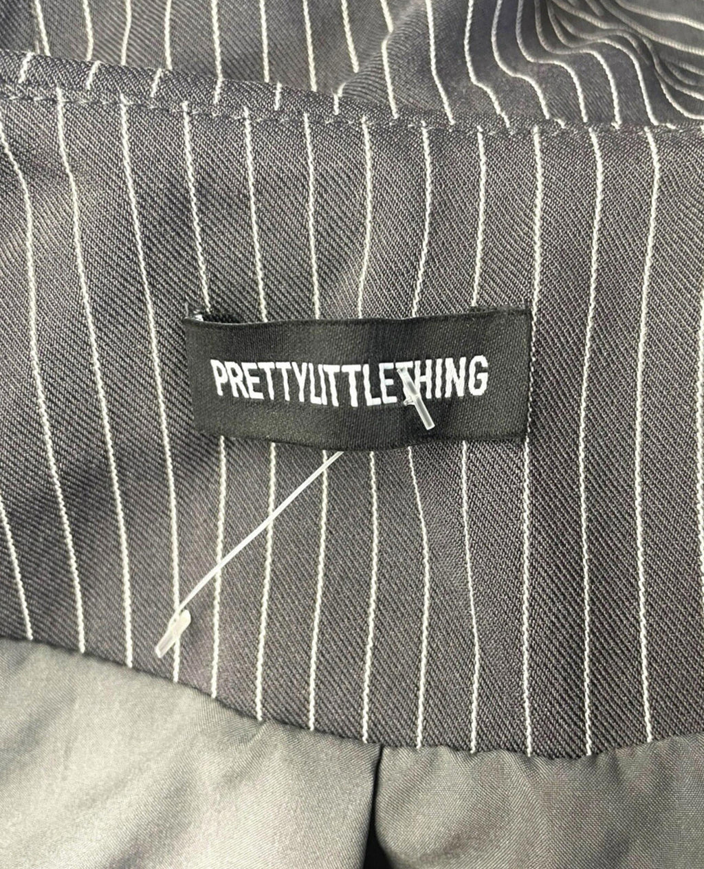 Pretty Little Thing Pinstripe Blazer Women’s UK Size S Grey Cropped Oversized Lapels Ruffle Trim
