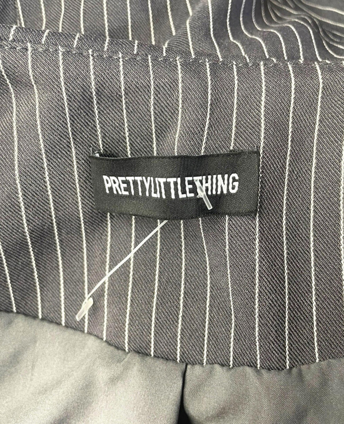 Pretty Little Thing Pinstripe Blazer Women’s UK Size S Grey Cropped Oversized Lapels Ruffle Trim