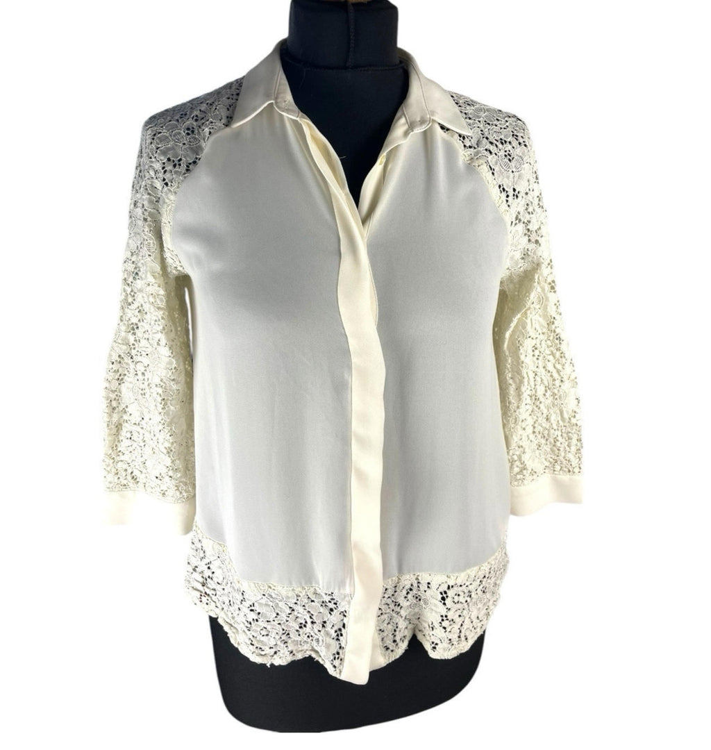 ZARA Cream Zara Basic Ivory Blouse Lace Panels Women's UK Size S