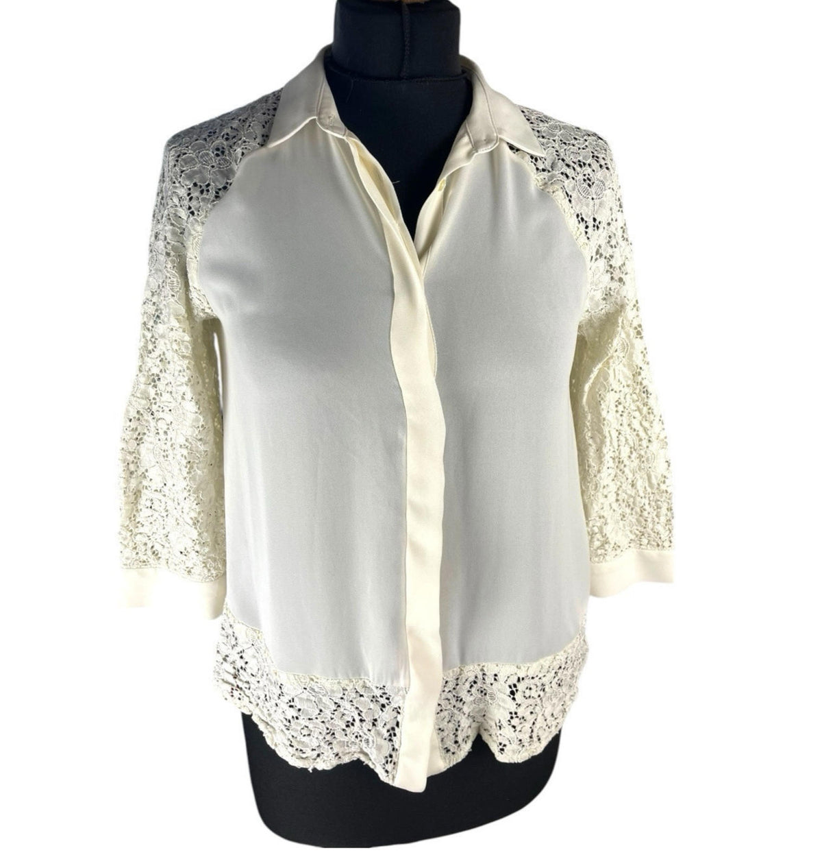 ZARA Cream Zara Basic Ivory Blouse Lace Panels Women's UK Size S