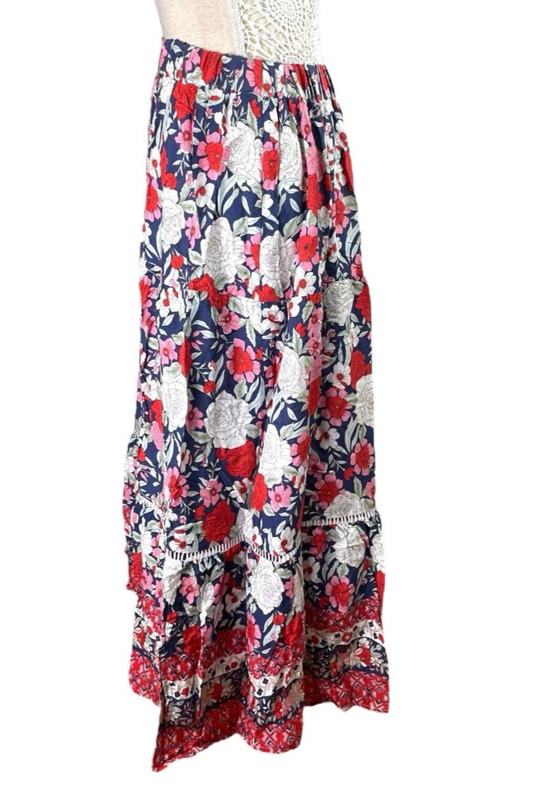 Bohemian Floral Swing Skirt Midi High Waist Women's UK Size L (12)