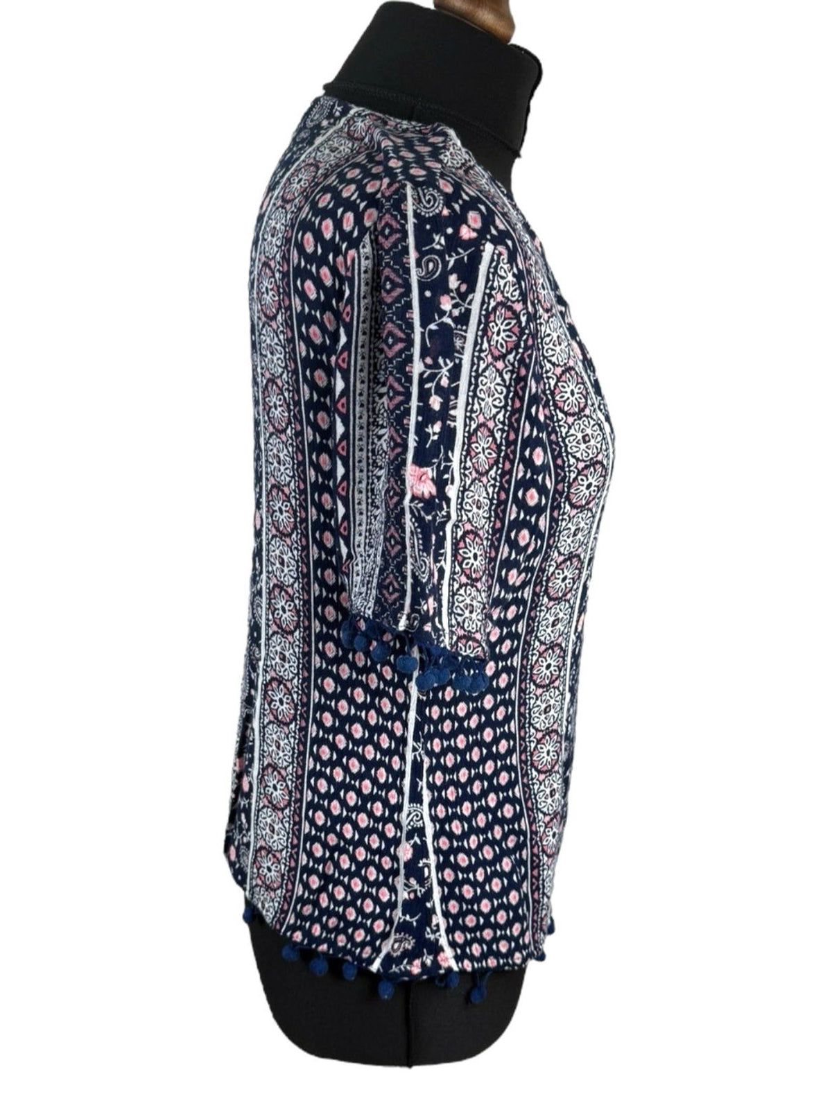 Peacocks Floral Top Navy Pink Crochet Tasselled Lightweight Women's UK Size 10