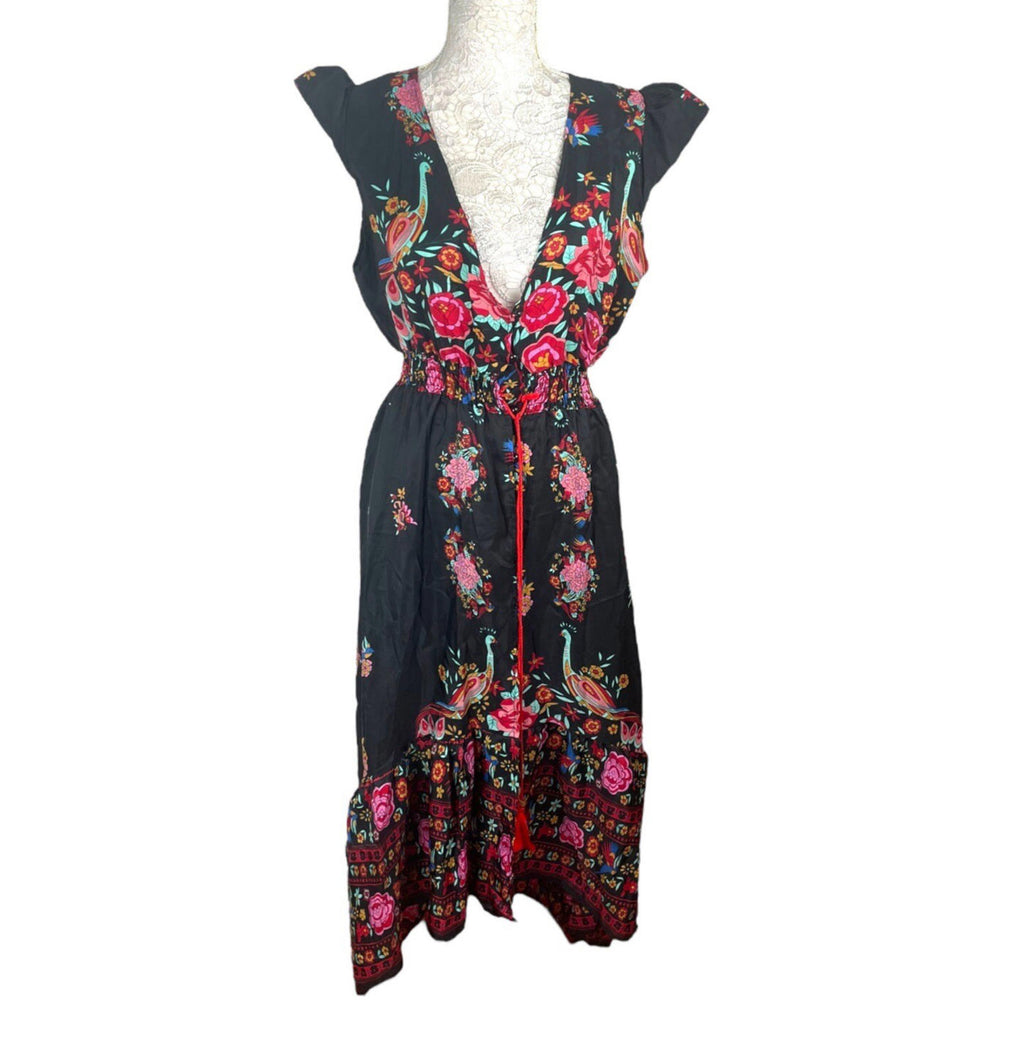 Floral & Peacock Maxi Dress Women's UK Size L Multi Length Button Down Front