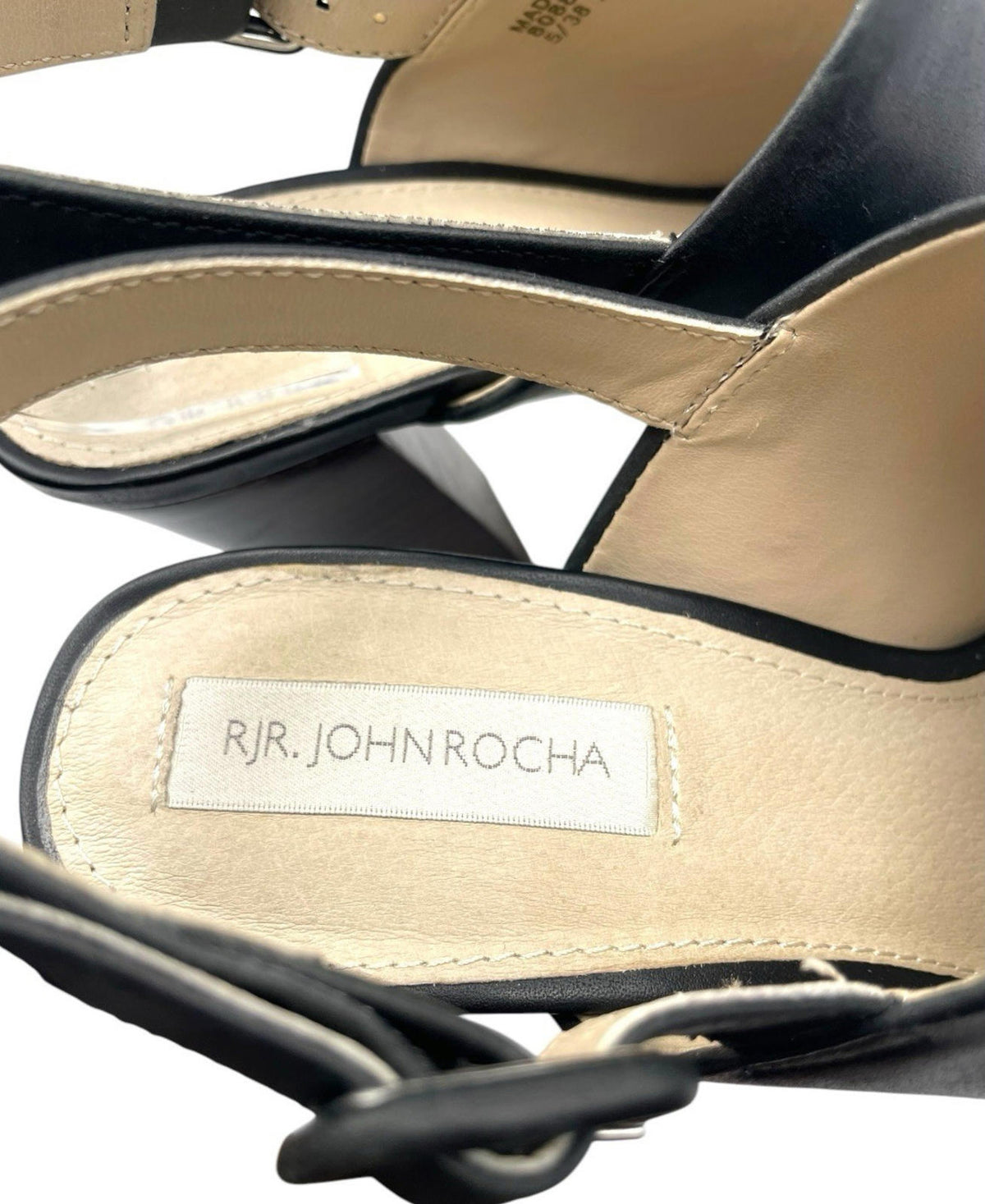 John Rocha Black RJR John Rocha Black Leather Peep Toe Block Heel Shoes Women's UK Size 5 (EU 38)
