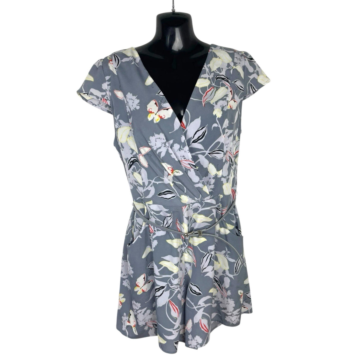 Oasis Grey Floral Playsuit Belted Pockets Women's UK Size 12