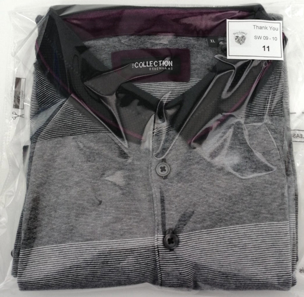 Debenhams Gray Debenhams Men's UK Size XL Grey Polo Shirt Striped Plum Black Collar Side Gusset