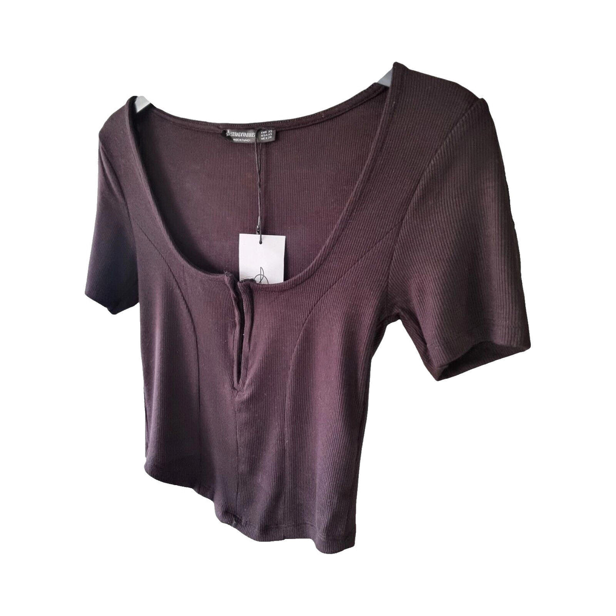 stradivarius Black Stradivarius Crop Top Ribbed Black Clasp Fasten Women's UK Size XS