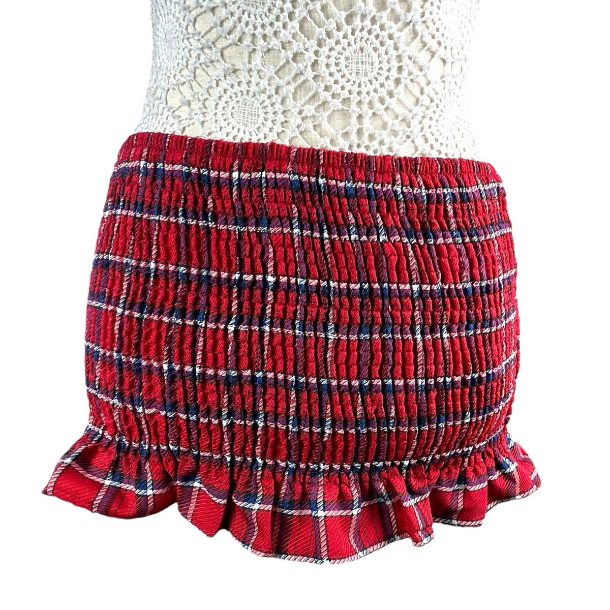 China Base Red Tartan Mini Skirt Shirred High Waist Women's UK Size 8