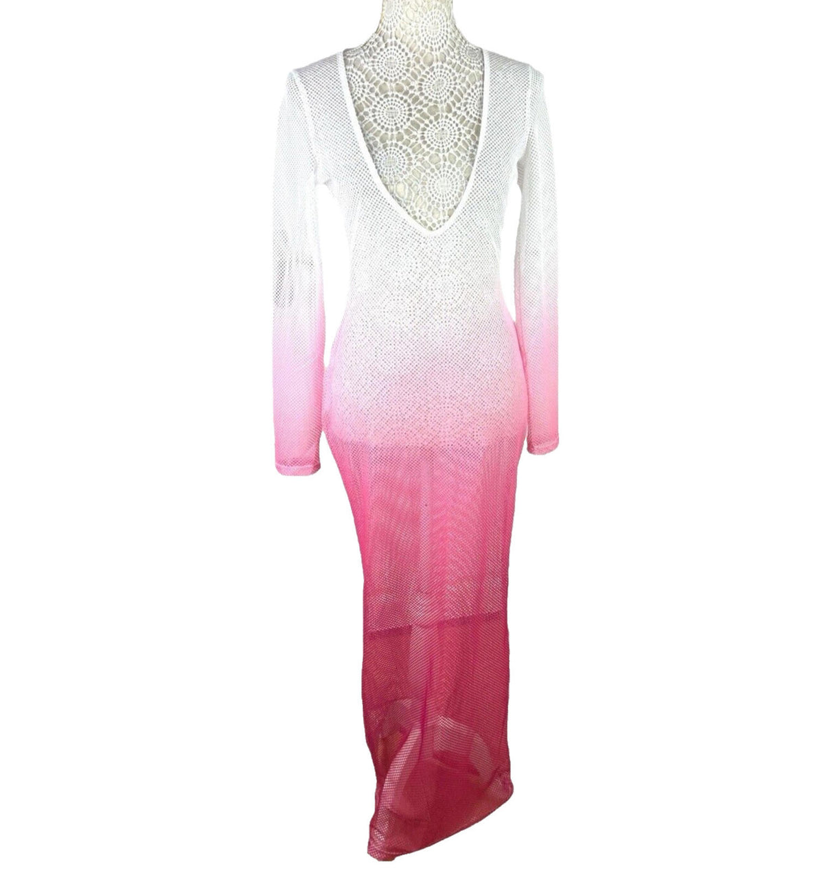 Maxi Dress Sheer Mesh Pink Ombré Low Cut Long Sleeve Women’s UK Size 10