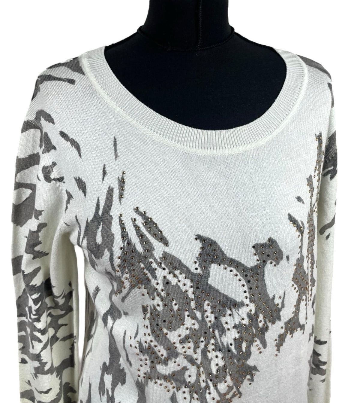 Just Elegance Thin White Jumper Grey Gold Pattern Round Neck Women's UK Size L