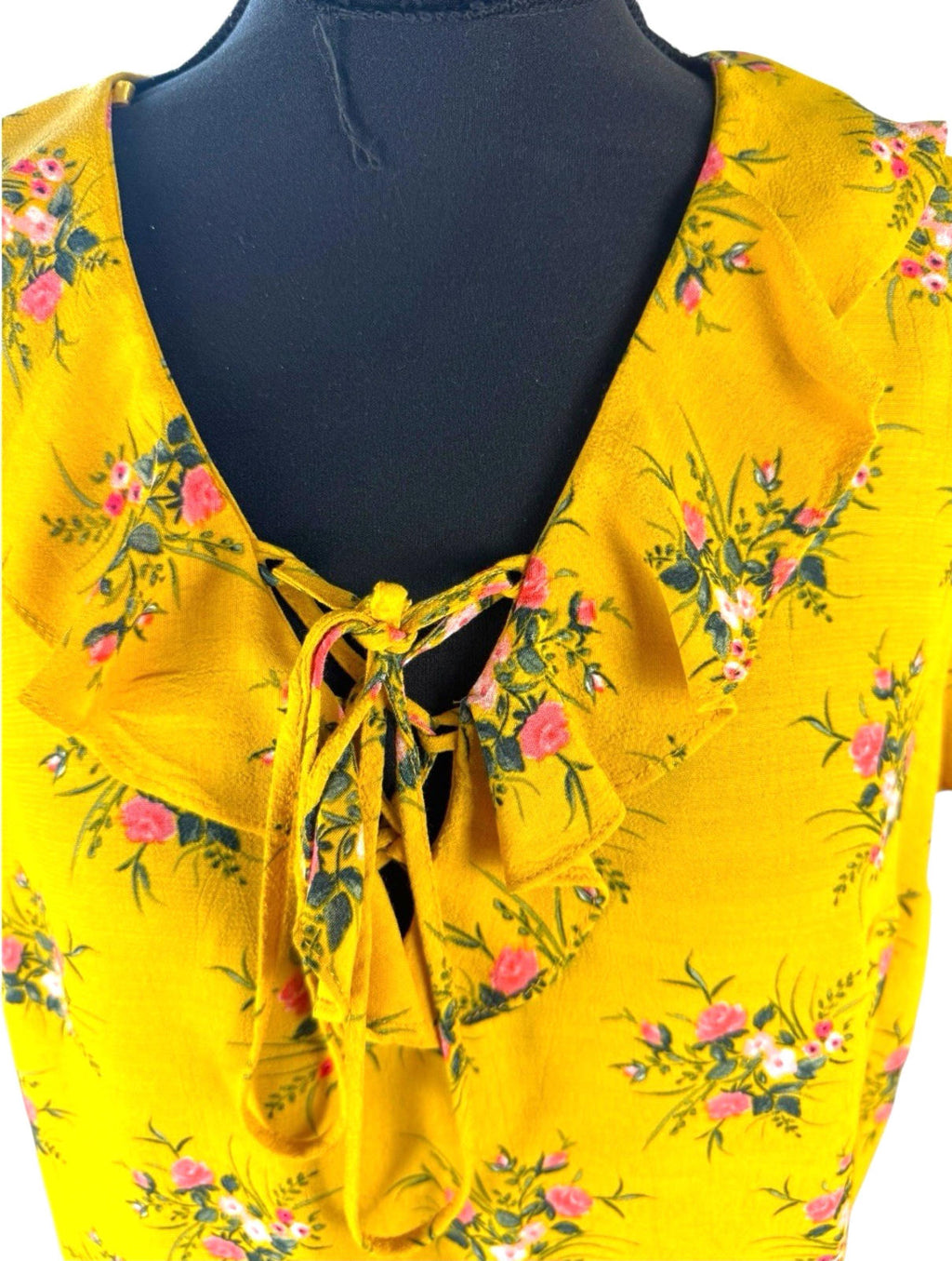Dorothy Perkins Floral Blouse Women's UK Size 14 Yellow Ruffle Collar Tie Neck