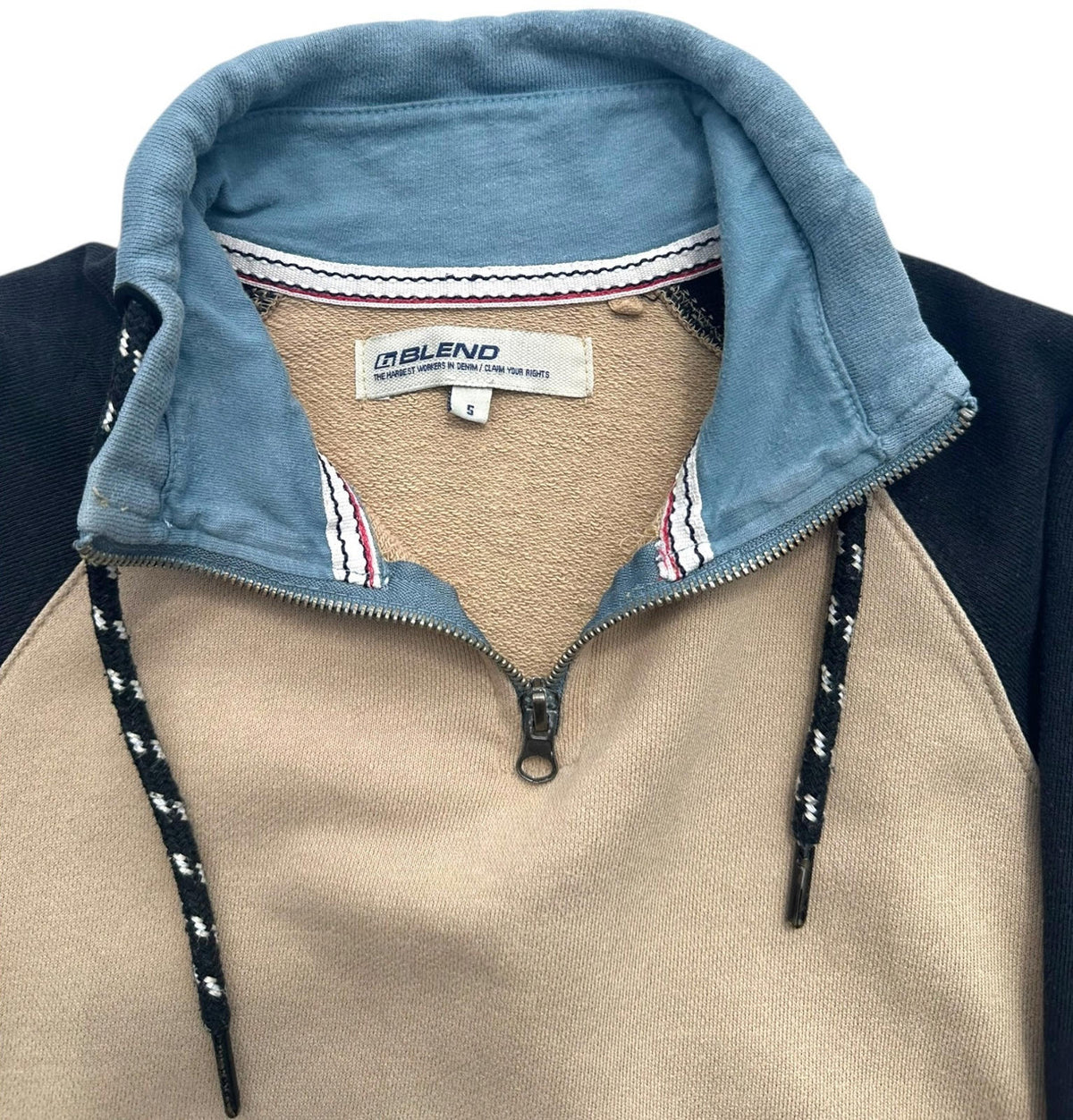 Blend Sweatshirt Men's UK Size S Blue Beige 1/4 Zip Drawstring 100% Cotton