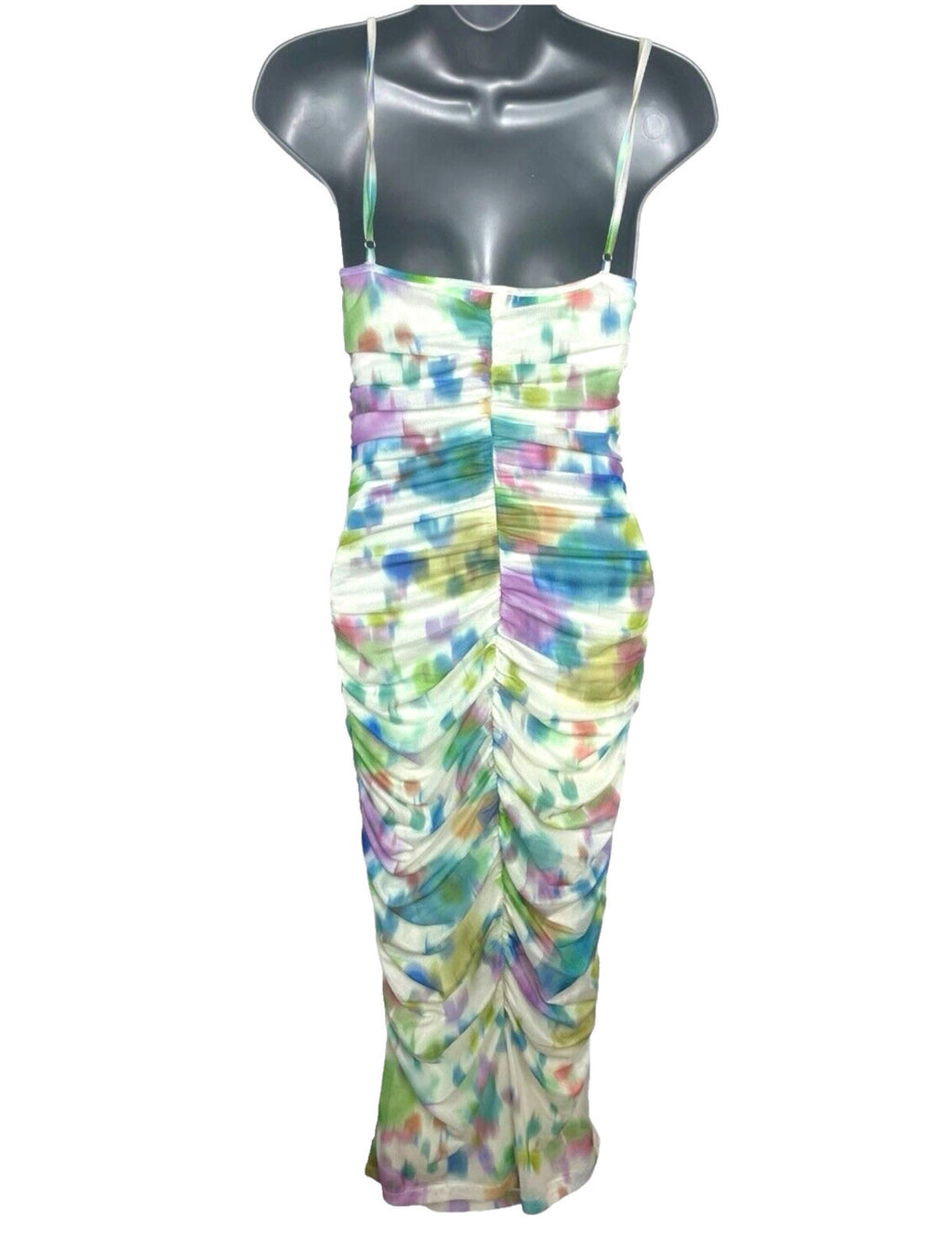 Stradivarius Maxi Dress Women's UK Size XS Ruched Sleeveless Abstract Mesh