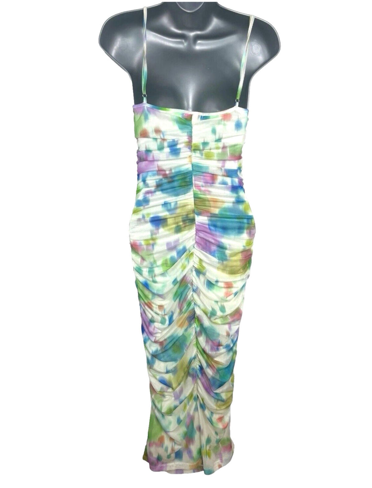 Stradivarius Maxi Dress Women's UK Size XS Ruched Sleeveless Abstract Mesh