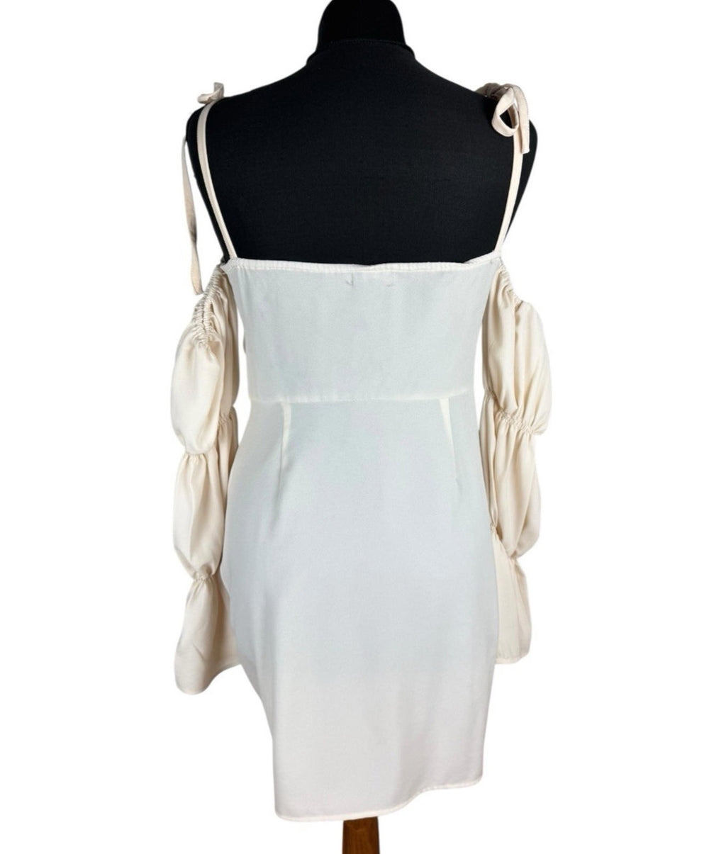 Boohoo Cream Mini Dress Ruffle Off The Shoulder Women's UK Size 12