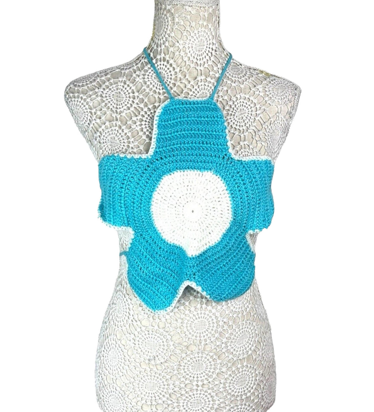 Blue Knit Flower Crop Top Backless Women's UK Size S